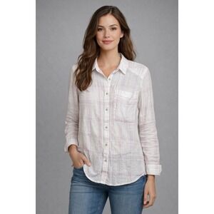 Free People Linen Plaid Button Down Blouse L Pink White Shirt Top Casual Women's